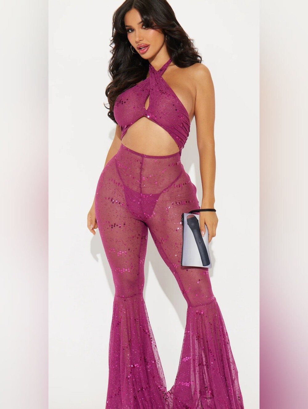 Sheer Magenta Halter Flare Jumpsuit